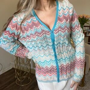 Oscar De La Renta Chevron Stripe Zigzag Cardigan Sweater Blue Pink Knit Vtg M